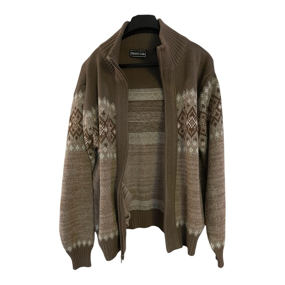 Vintage Men Private Club  Sweater Full Zip Awesome Pattern Brown Size : Medium - Picture 5 of 10